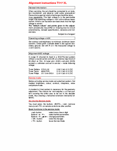 Schneider TV17 Schneider TV17 ALIGNMENT INSTRUCTIONS